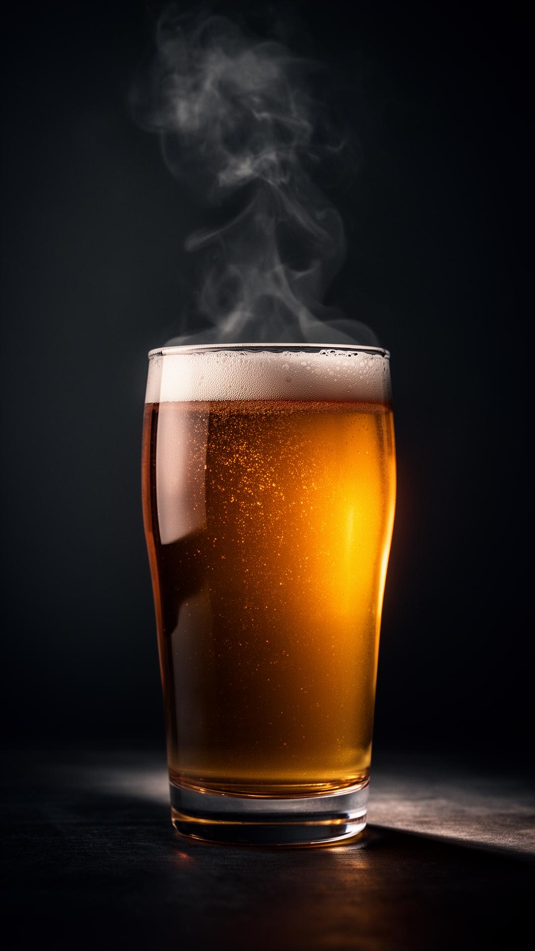 A pint of golden ale with foam, lit warmly against a dark background
